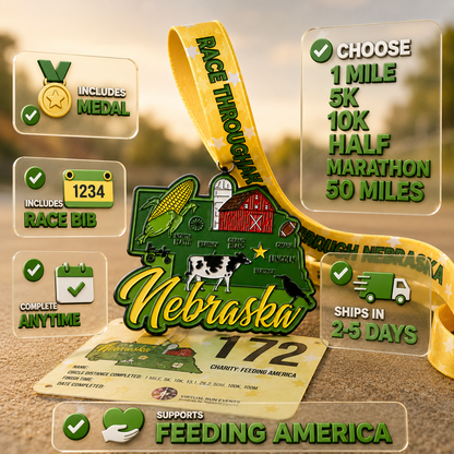 Race Through Nebraska 1M 5K 10K 13.1 26.2 Medal and Bib