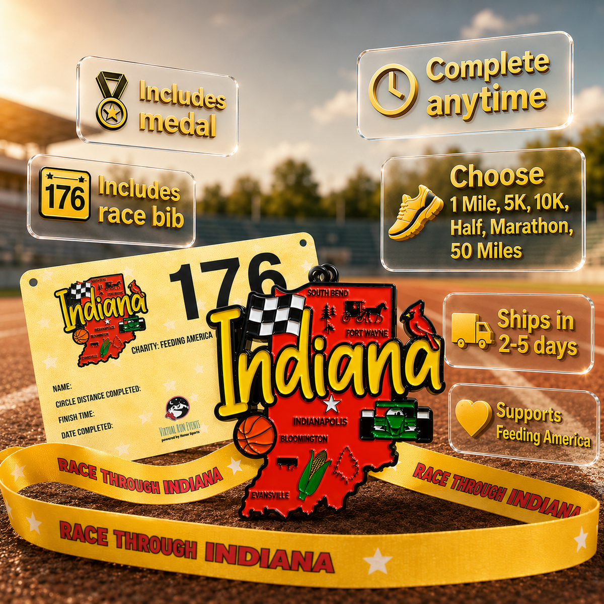 Virtualrunevent Indiana Race medal for 5K, 10K, half marathon, and 50-mile challenge featuring a colorful graphic design.