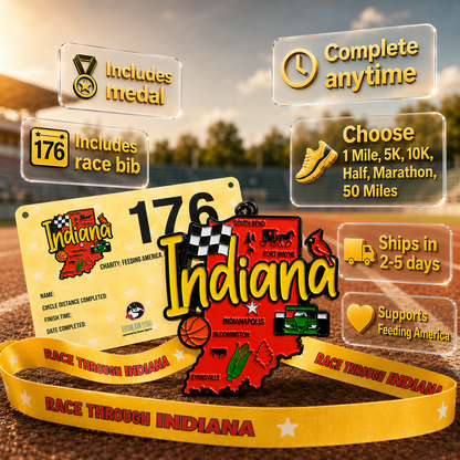 Virtualrunevent Indiana Race medal for 5K, 10K, half marathon, and 50-mile challenge featuring a colorful graphic design.