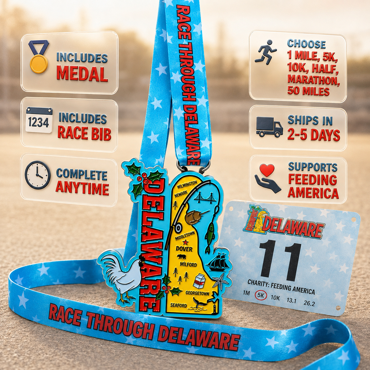 Virtualrunevent Delaware Race medal featuring colorful graphics for 5K, 10K, half marathon, and 50-mile challenge finisher