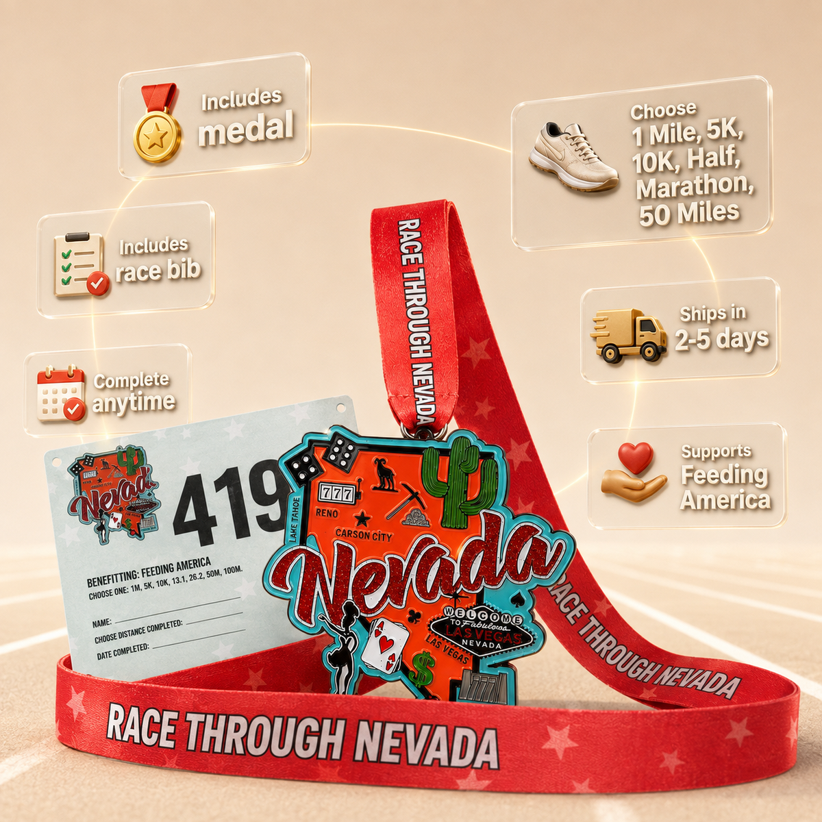 Virtualrunevent Nevada Race medal featuring Nevada landscape and race details for 5K, 10K, half marathon, and 50-mile challenge.
