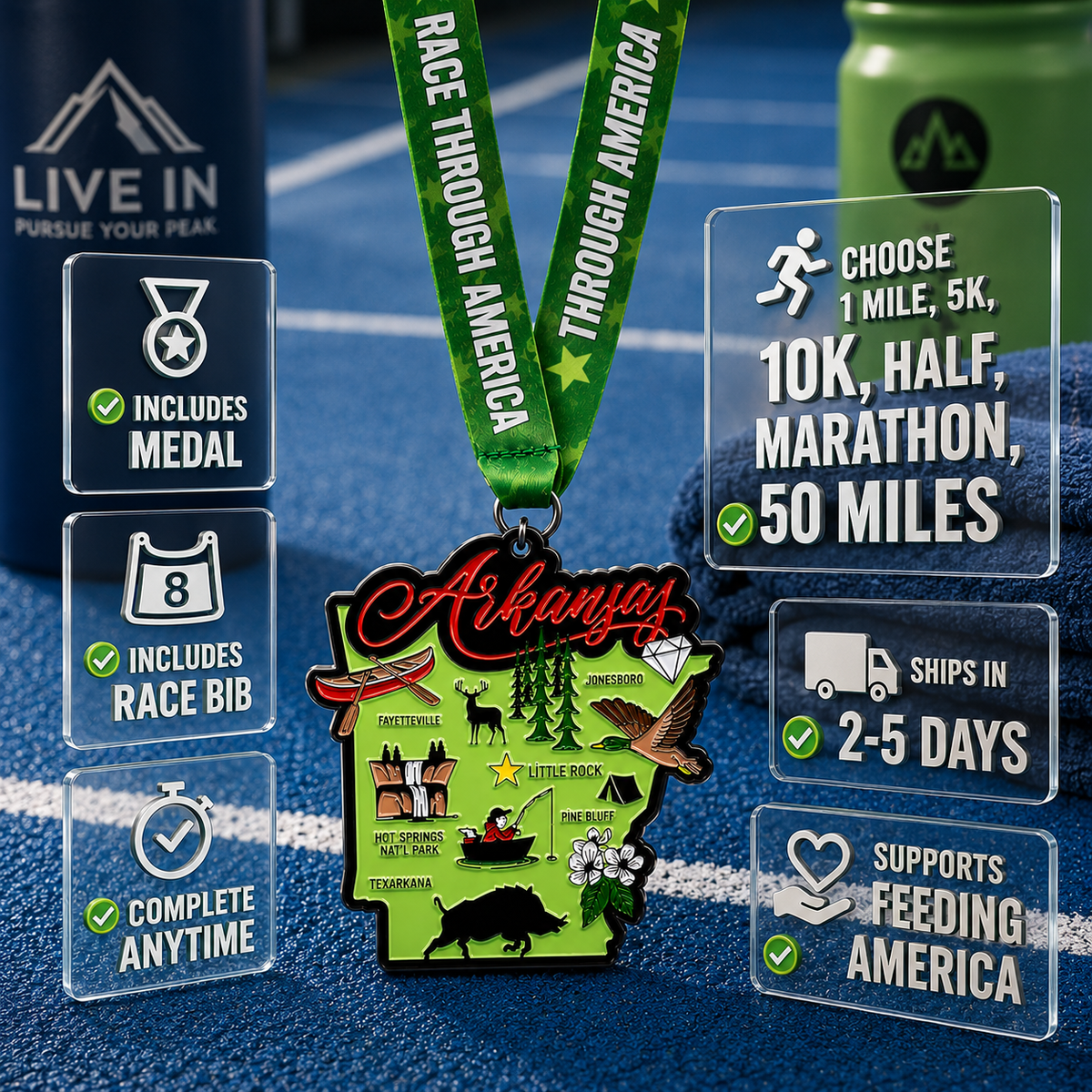 Race Through Arkansas virtual race medal by virtualrunevent featuring Arkansas map and race distance icons for 5K, 10K, half marathon, and 50 miles.