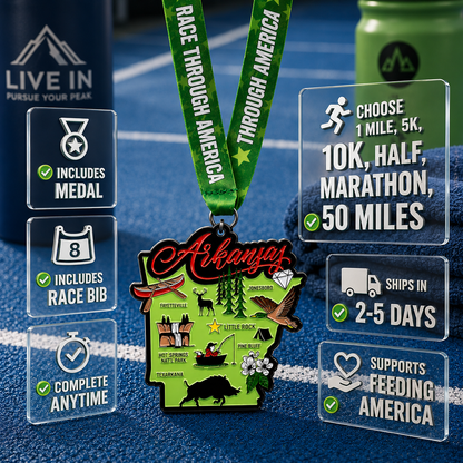 Race Through Arkansas virtual race medal by virtualrunevent featuring Arkansas map and race distance icons for 5K, 10K, half marathon, and 50 miles.