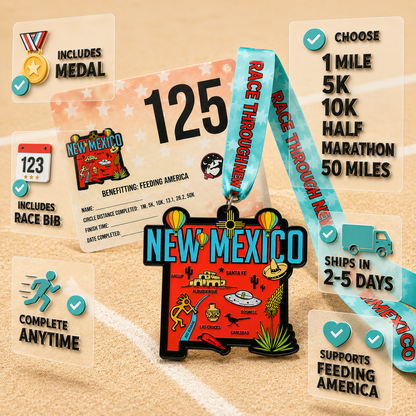 Virtualrunevent Race Through New Mexico medal featuring colorful graphic design for 5K, 10K, Half Marathon, and 50 Mile Challenge.