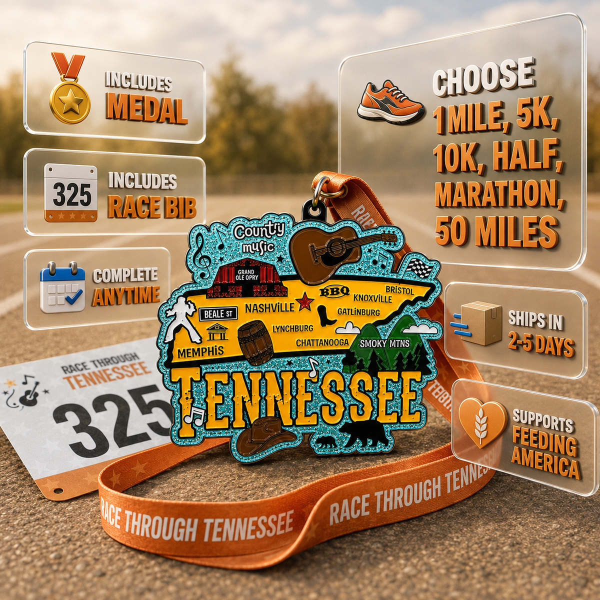 Virtualrunevent race medal for Tennessee 5K, 10K, half marathon, and marathon with colorful Tennessee graphic design.