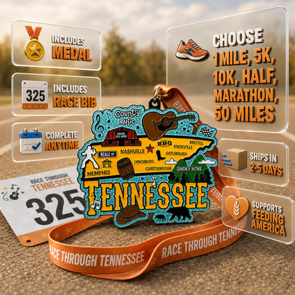 Virtualrunevent race medal for Tennessee 5K, 10K, half marathon, and marathon with colorful Tennessee graphic design.