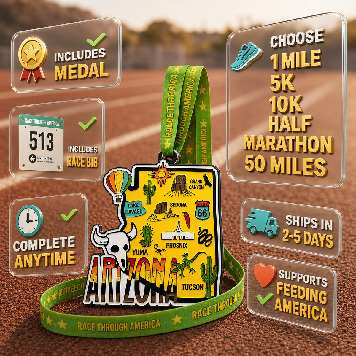 Virtualrunevent Race Through Arizona medal featuring desert landscape and race details for 5K, 10K, Half Marathon, and 50 Mile Challenge.