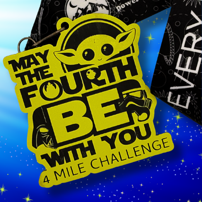 Silver medal for the 2026 May the 4th Be With You 4 Mile Challenge by virtualrunevent, featuring Star Wars themed design.