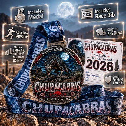 Chupacabras Virtual Race 2026 medal featuring cryptid theme, for 1M, 5K, 10K, 13.1, and 26.2 distances, from virtualrunevent.