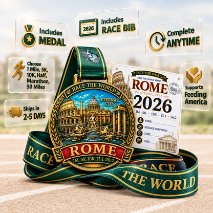Virtualrunevent Rome Virtual Race medal for 5K, 10K, half marathon, and marathon travel challenge with Roman design and branding.