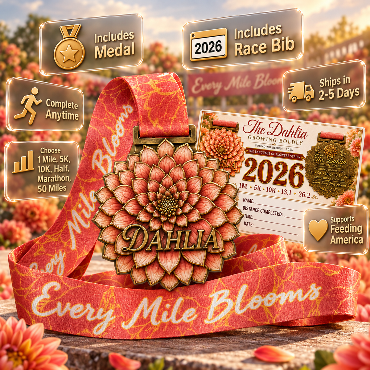 Dahlia Virtual Race medal with vibrant flower design, featuring 5K, 10K, Half Marathon, and Marathon challenge text.