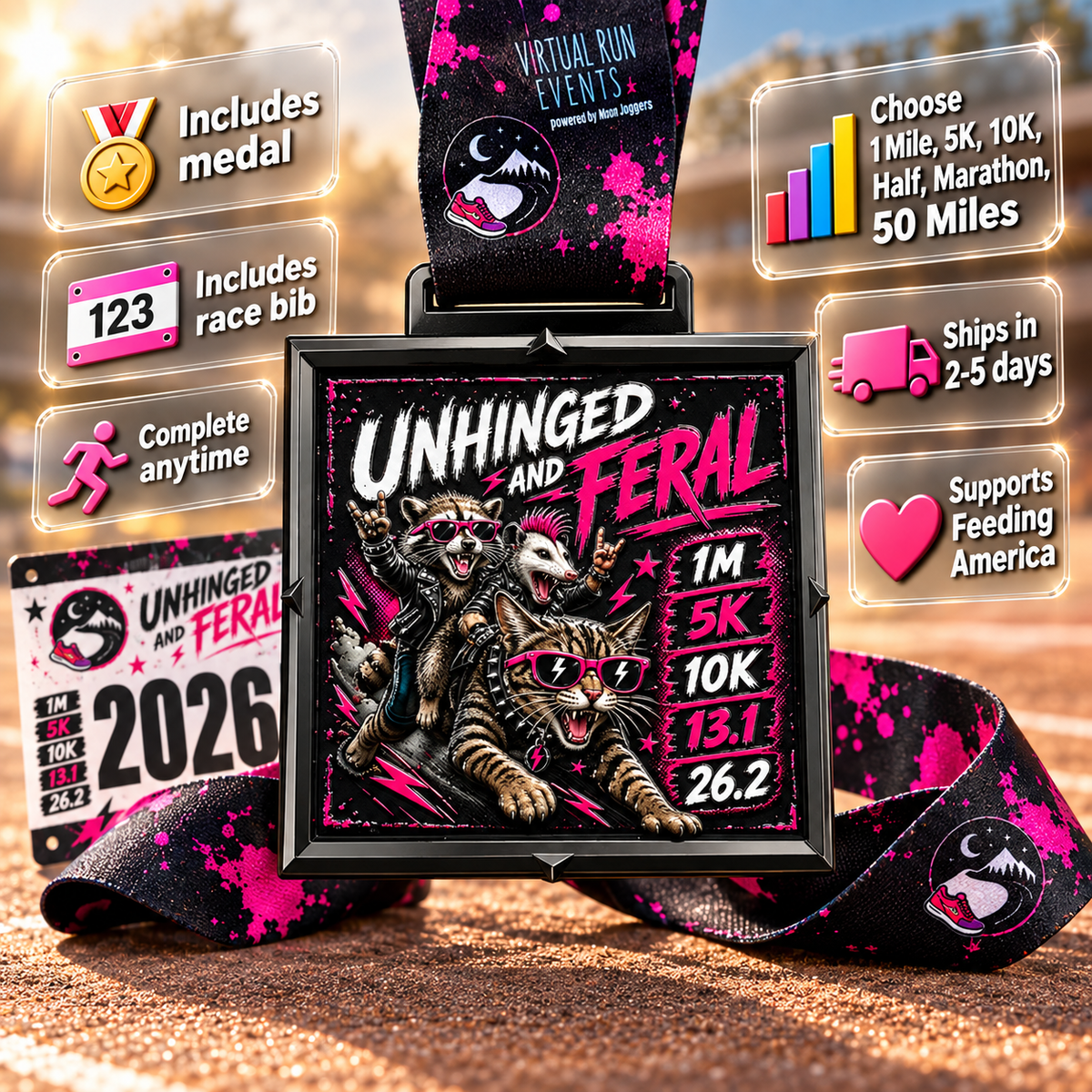 Virtualrunevent Unhinged and Feral Raccoon medal for virtual race 1M, 5K, 10K, half marathon, and marathon, featuring a raccoon design.