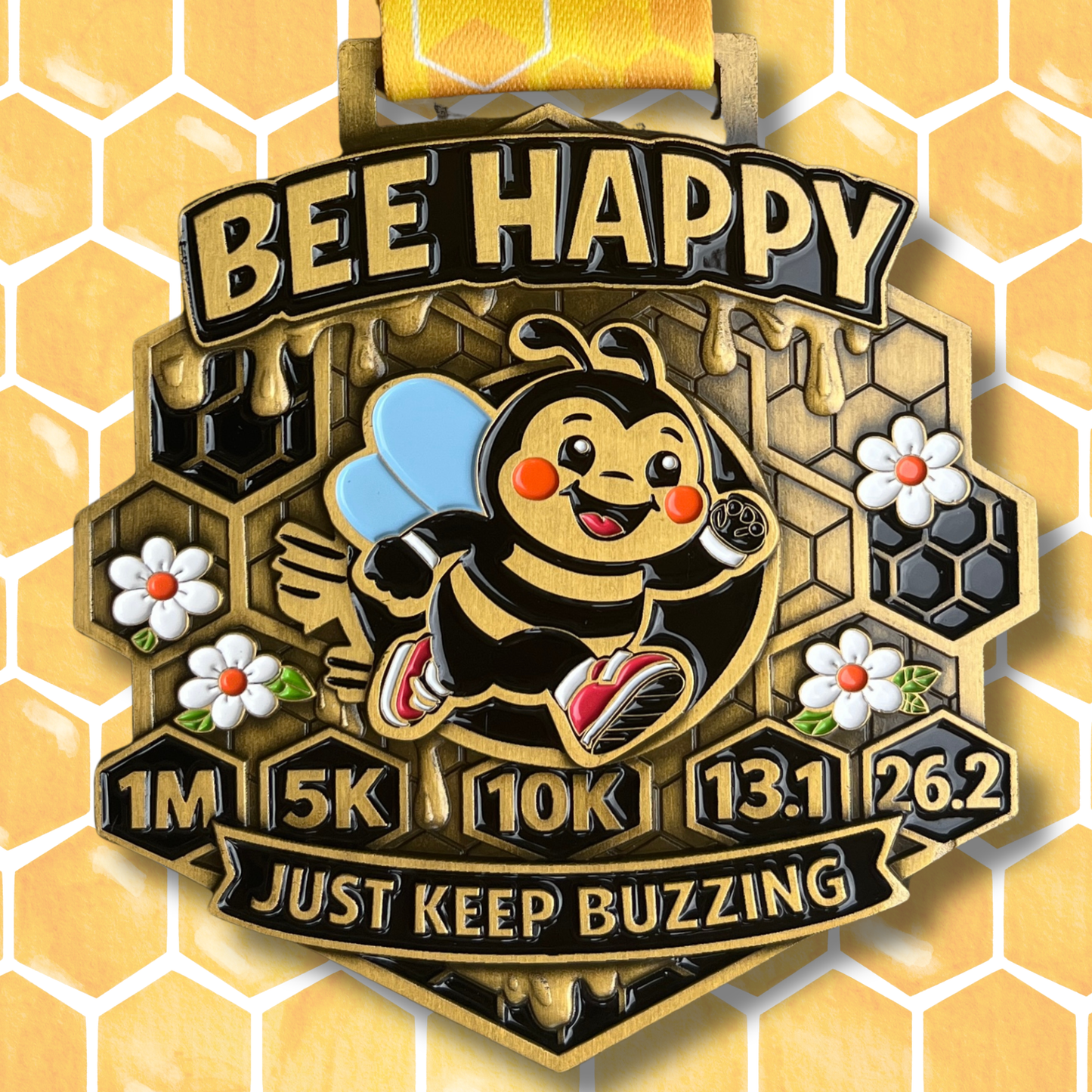 Bee Happy Race 2026 virtual run medal featuring a colorful bee design from virtualrunevent for 5K, 10K, or half marathon finishers.