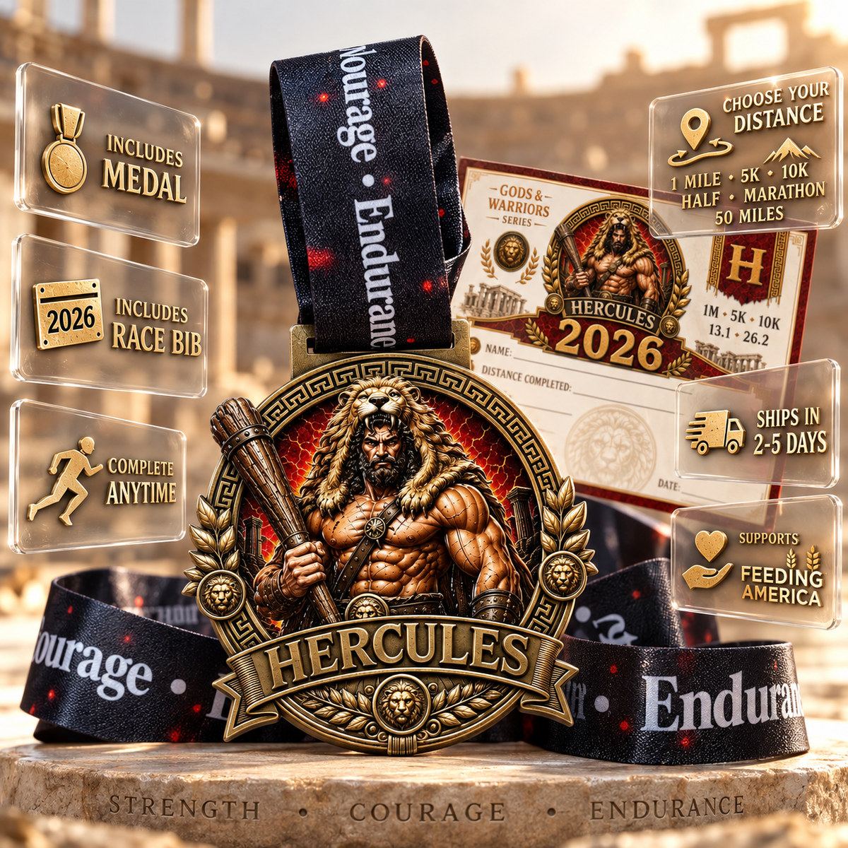 Hercules Virtual Race medal featuring Greek mythology design for 5K, 10K, half marathon, and marathon distances.