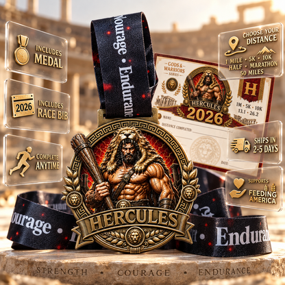 Hercules Virtual Race medal featuring Greek mythology design for 5K, 10K, half marathon, and marathon distances.