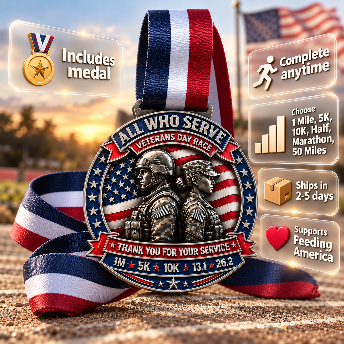 Veterans Day Virtual Race 2026 medal from virtualrunevent, featuring patriotic design for 1M, 5K, 10K, Half Marathon, and Marathon.