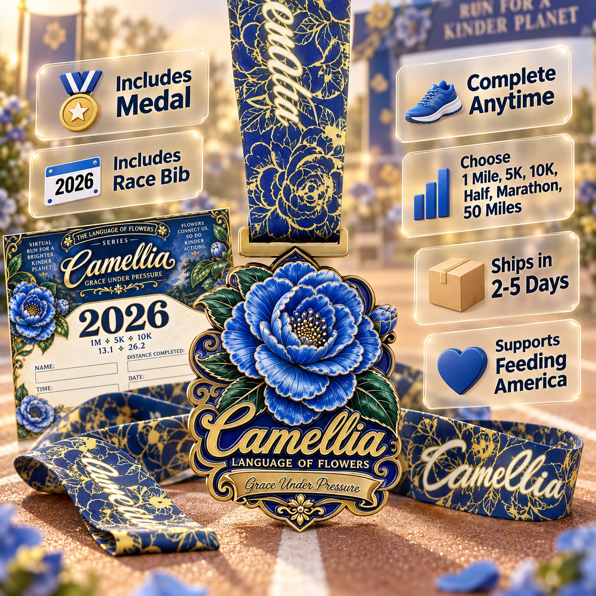 Camellia Virtual Race 2026 virtual run event logo with distances 1M, 5K, 10K, and more by virtualrunevent.