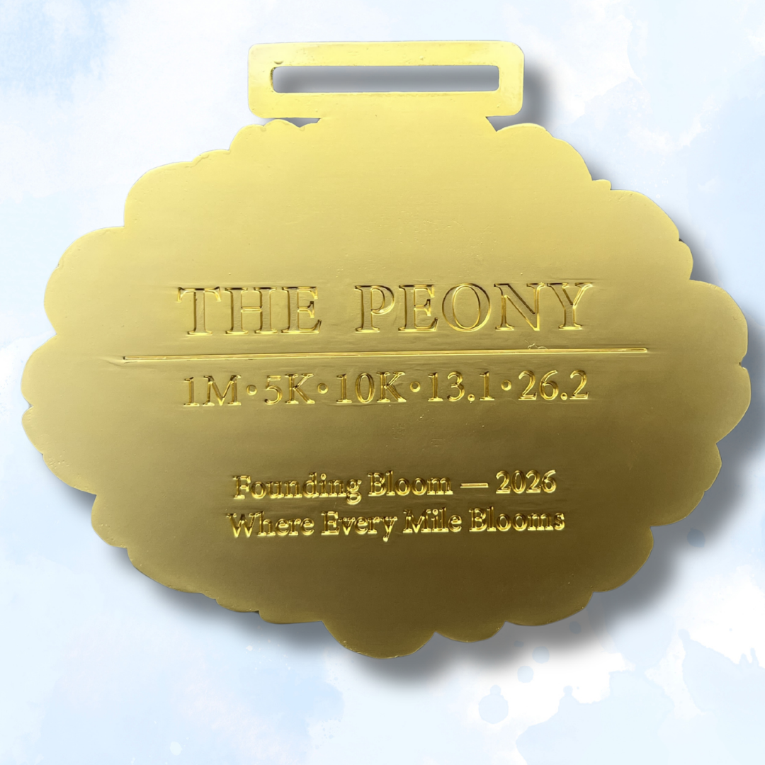 Peony Virtual Race finisher medal featuring a floral design, 1M, 5K, 10K, Half Marathon, and Marathon text, from Virtual Rune Event.