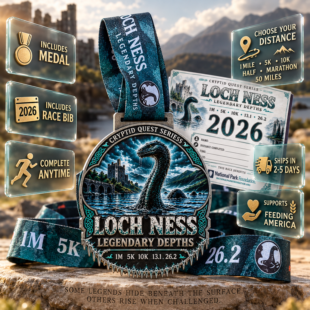 Medal for Loch Ness Legendary Depths Virtual Race 2026, part of Cryptid Quest Series, with Loch Ness monster design and event branding.