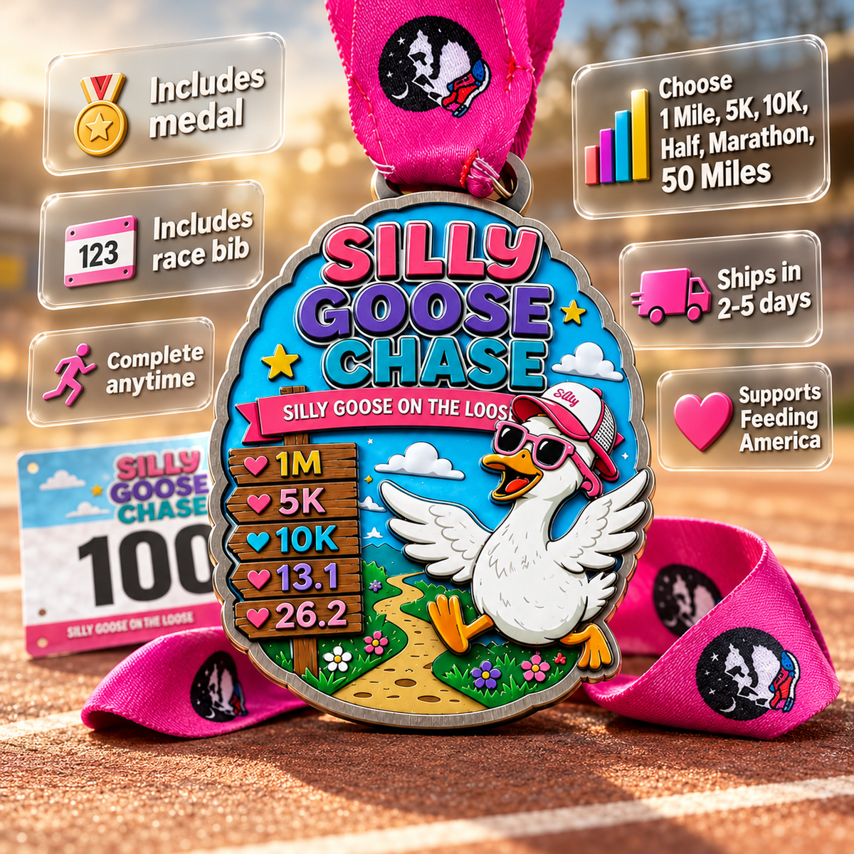 Gold Silly Goose Chase virtual race medal for 10K, 13.1, and 26.2 distance, featuring playful goose design by virtualrunevent.