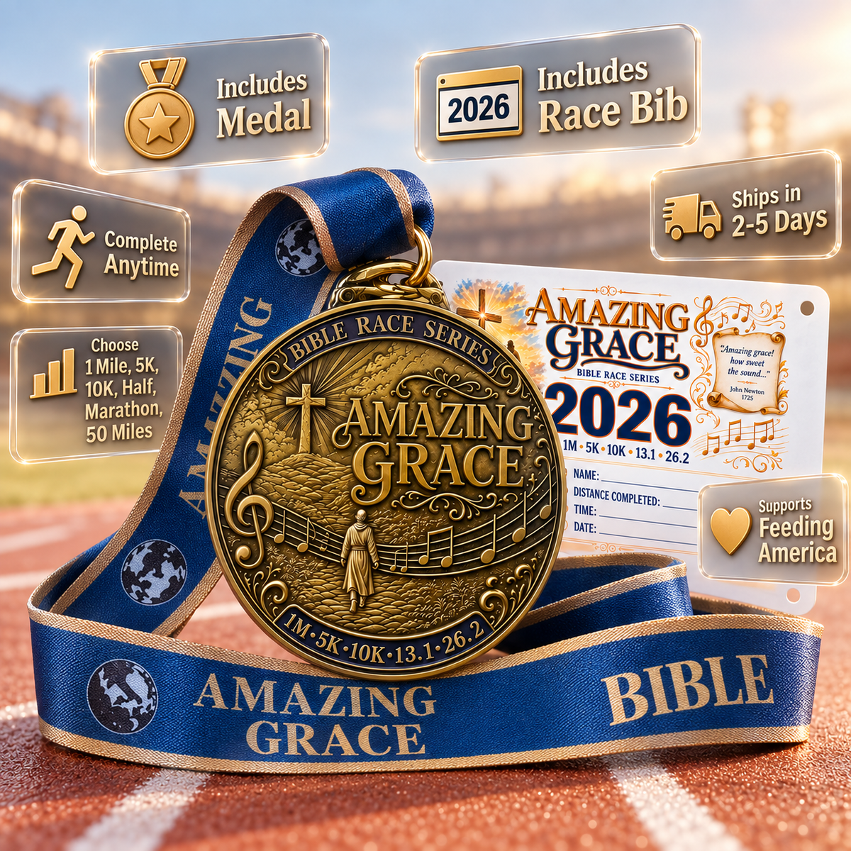 Christian Amazing Grace Virtual Race medal from virtualrunevent, featuring a detailed design for 5K, walk, half marathon, and marathon.