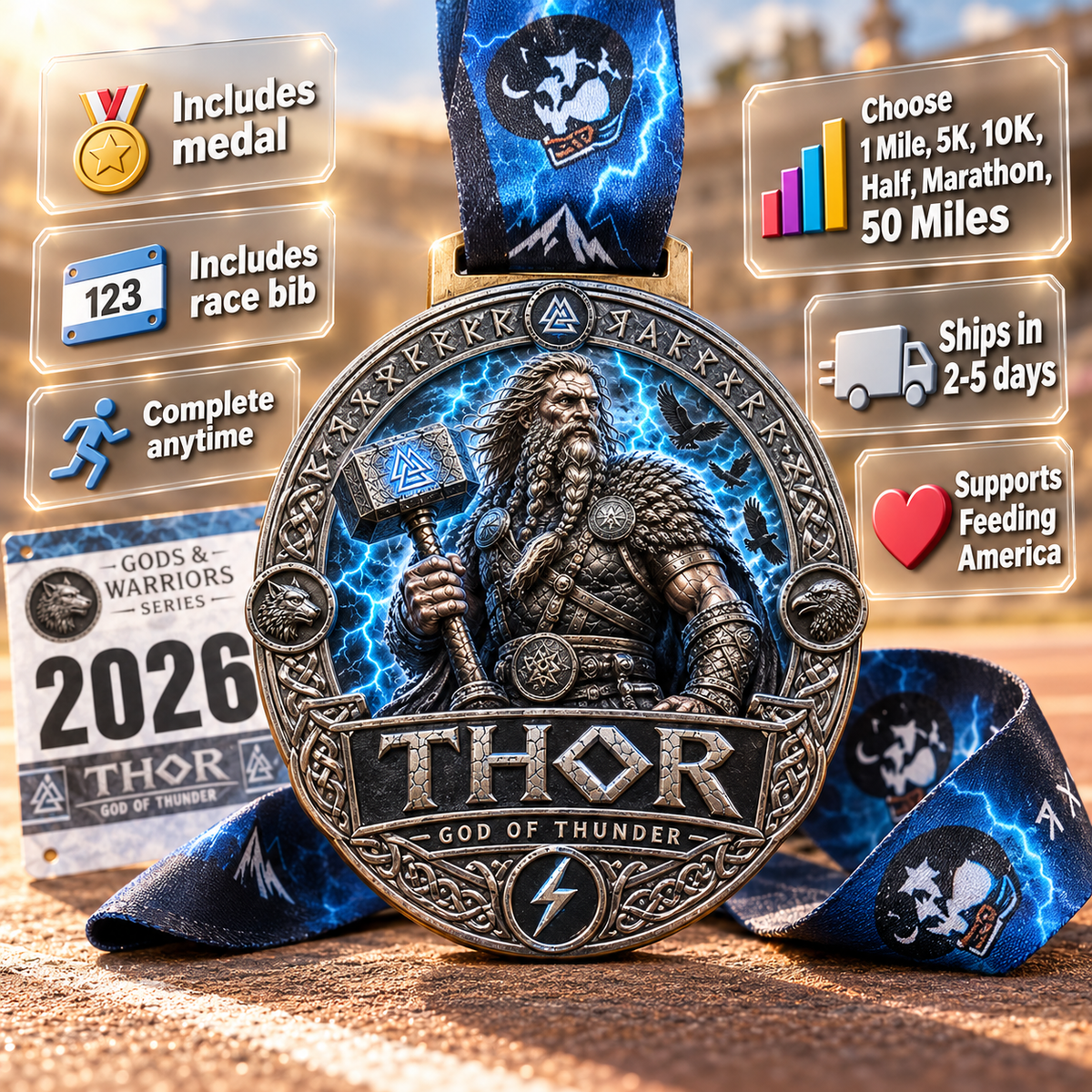 Norse mythology Thor Virtual Race medal featuring Thor's hammer for 5K, 10K, Half Marathon, and Marathon finisher award.
