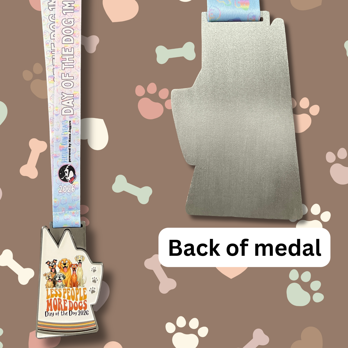 Virtualrunevent 2026 Day of the Dog race medal featuring dog-themed design for 1M, 5K, 10K, 13.1, and 26.2 virtual races.