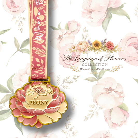 Peony Virtual Race medal featuring a colorful design for 1M, 5K, 10K, half marathon, and marathon events from Virtual Rune Event.