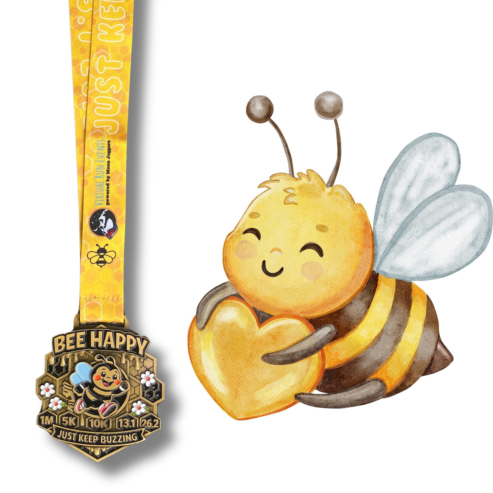 Bee Happy Race 2026 virtual run medal featuring colorful bee design for 5K, 10K, and half marathon events by Virtual Run Event.