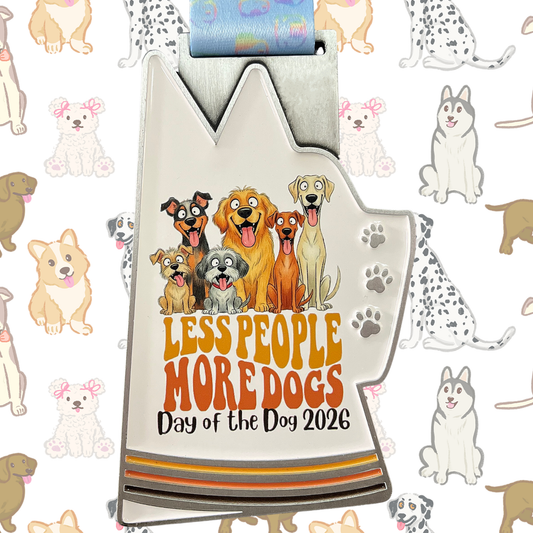 Virtualrunevent 2026 Day of the Dog race medal featuring a dog and race details, designed for 1M, 5K, 10K, 13.1, and 26.2 distances.