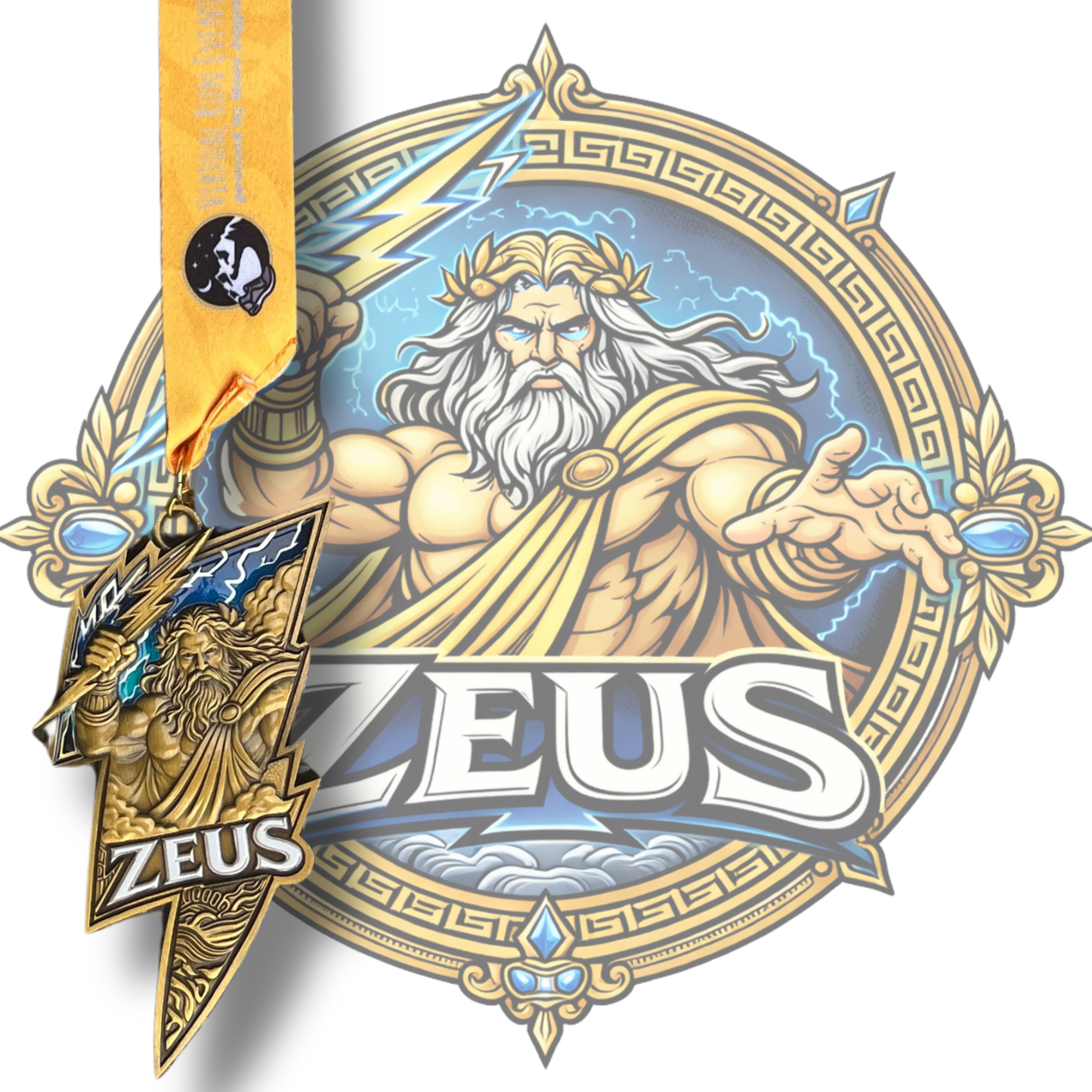 Zeus Race 2026 virtual running series medal featuring Greek gods and warriors design, awarded for completing the virtual race.