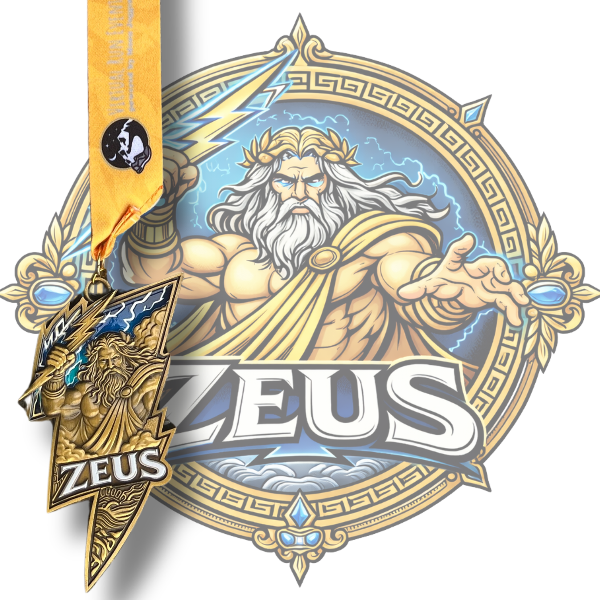 Zeus Race 2026 virtual running series medal featuring Greek gods and warriors design, awarded for completing the virtual race.