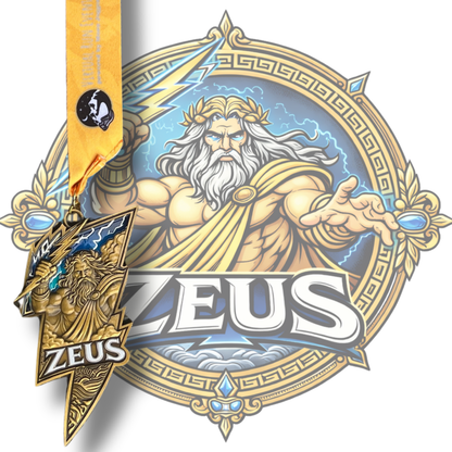 Zeus Race 2026 virtual running series medal featuring Greek gods and warriors design, awarded for completing the virtual race.