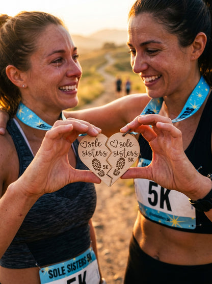 Virtualrunevent Sole Sisters 5K medal with engraved design, featuring a running shoe and event branding for the virtual race.
