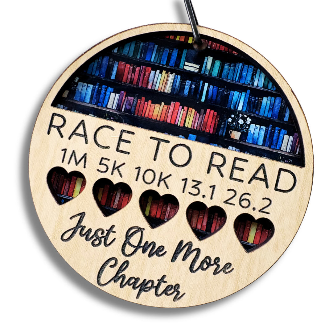 Virtualrunevent 2026 Race to Read medal for 1M, 5K, 10K, 13.1, and 26.2 races, featuring a colorful design and event logo.