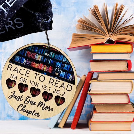 Virtualrunevent 2026 Race to Read 1M 5K 10K 13.1 26.2 medal with colorful ribbon for charity fundraising event.