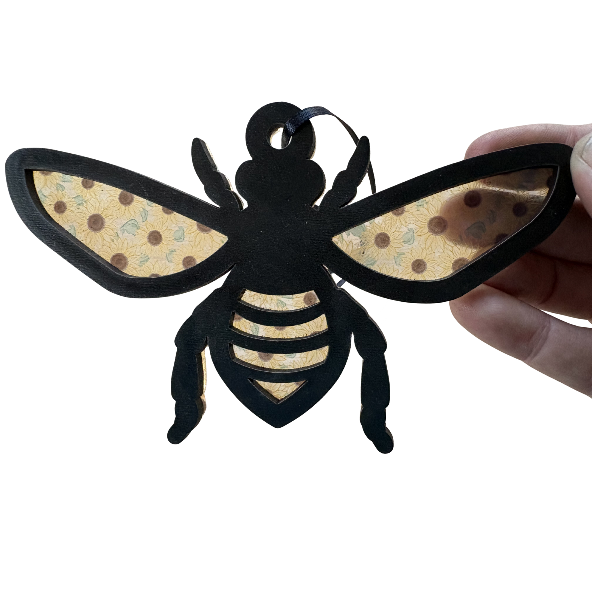 Layered wood and acrylic Bee and Sunflowers ornament medal by Virtual Rune Event, showcasing intricate floral designs.