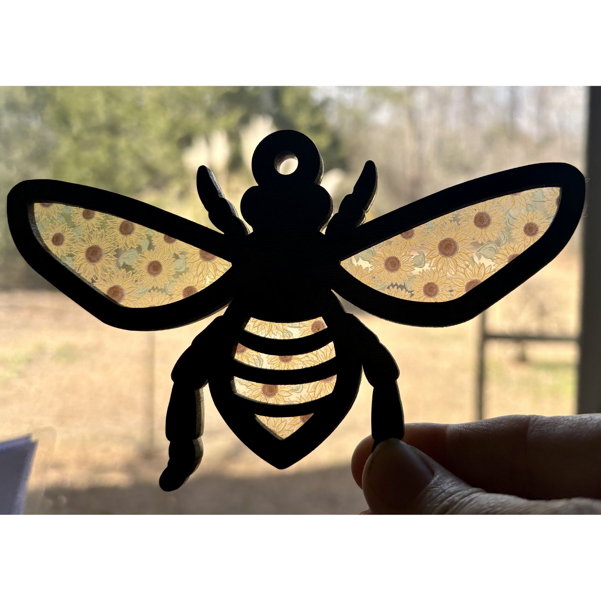 Layered wood and acrylic Bee and Sunflowers ornament medal by Virtual Rune Event, showcasing intricate floral design.