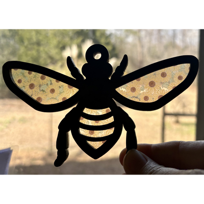 Layered wood and acrylic Bee and Sunflowers ornament medal by Virtual Rune Event, showcasing intricate floral design.