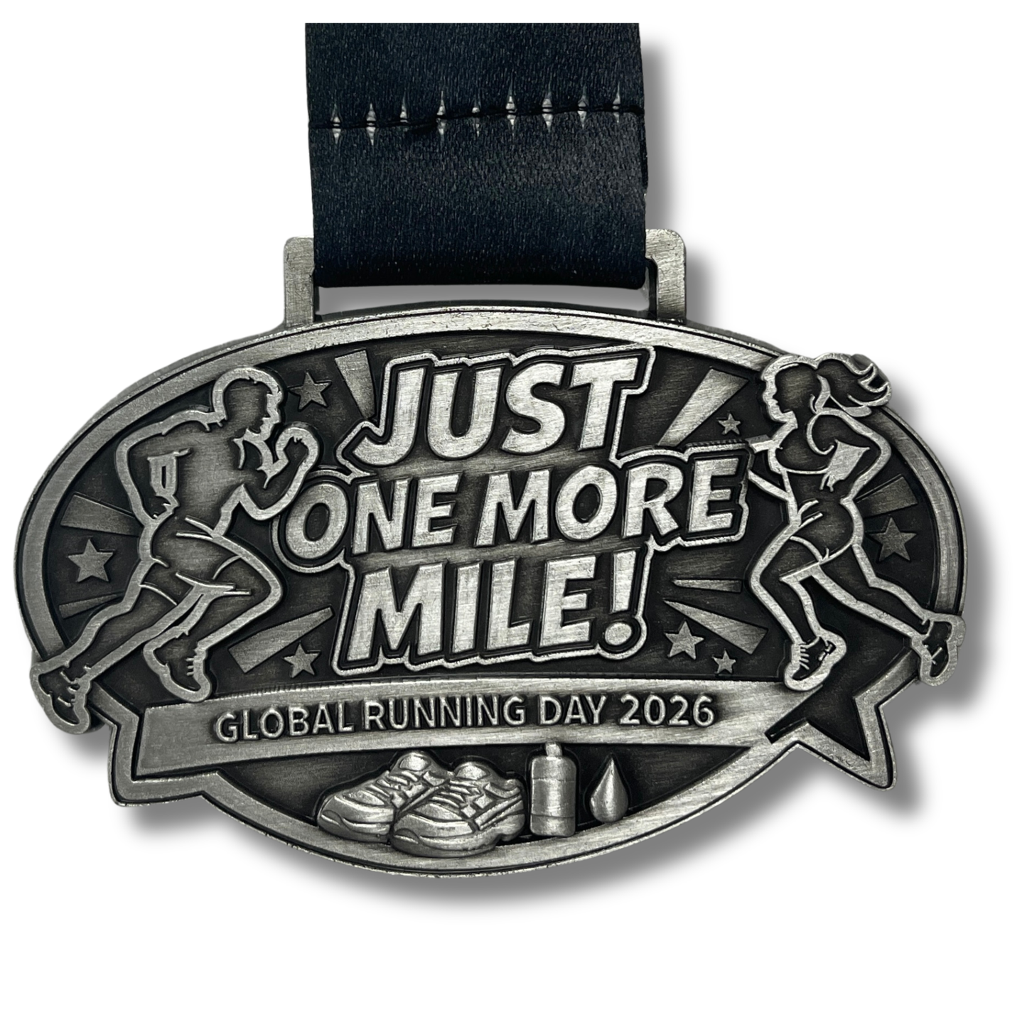 Virtualrunevent Just One More Mile Race 2026 medal for Global Running Day, featuring a colorful running design and event branding.