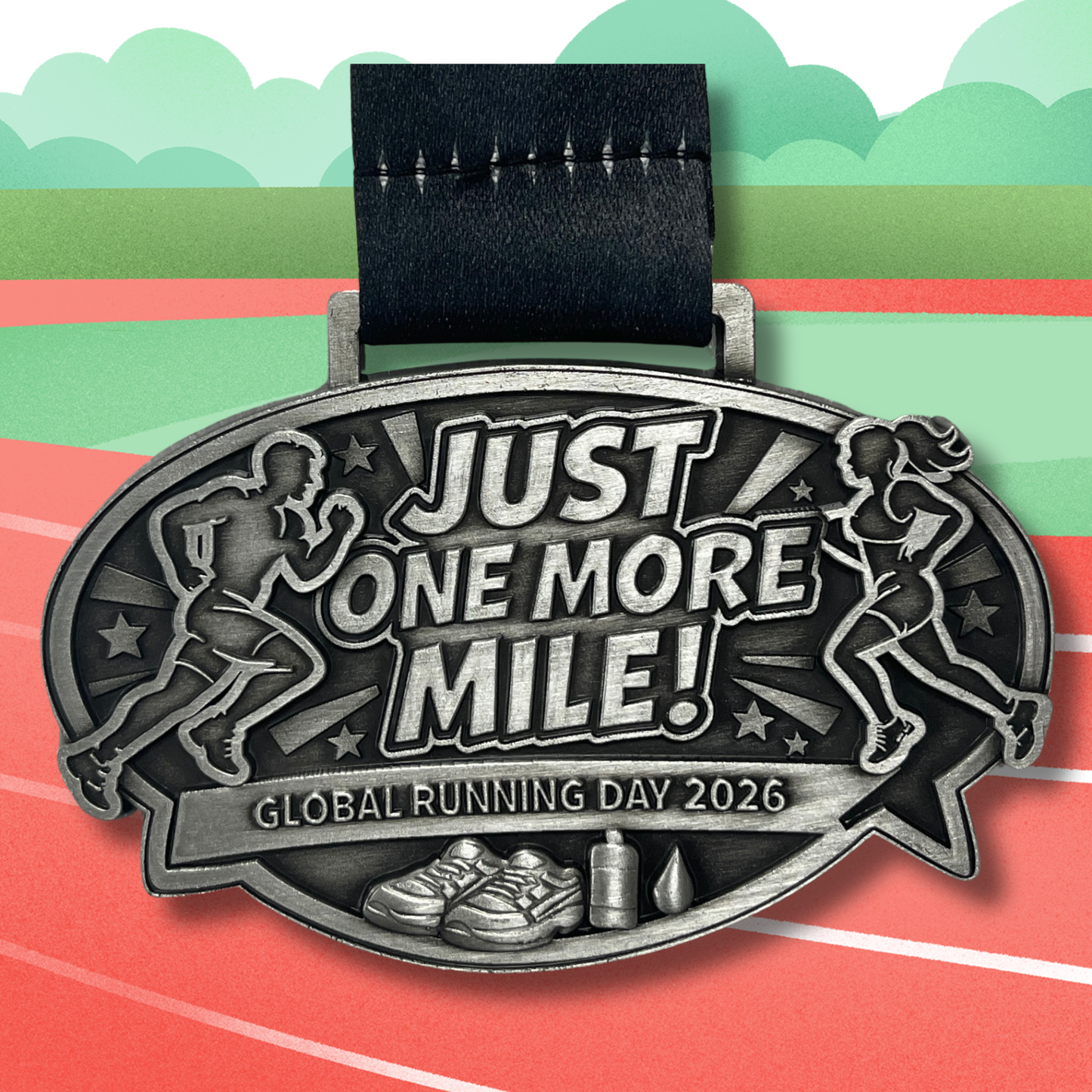 Virtualrunevent Just One More Mile Race 2026 medal for Global Running Day virtual race, featuring a detailed design and vibrant colors.