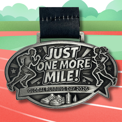 Virtualrunevent Just One More Mile Race 2026 medal for Global Running Day virtual race, featuring a detailed design and vibrant colors.
