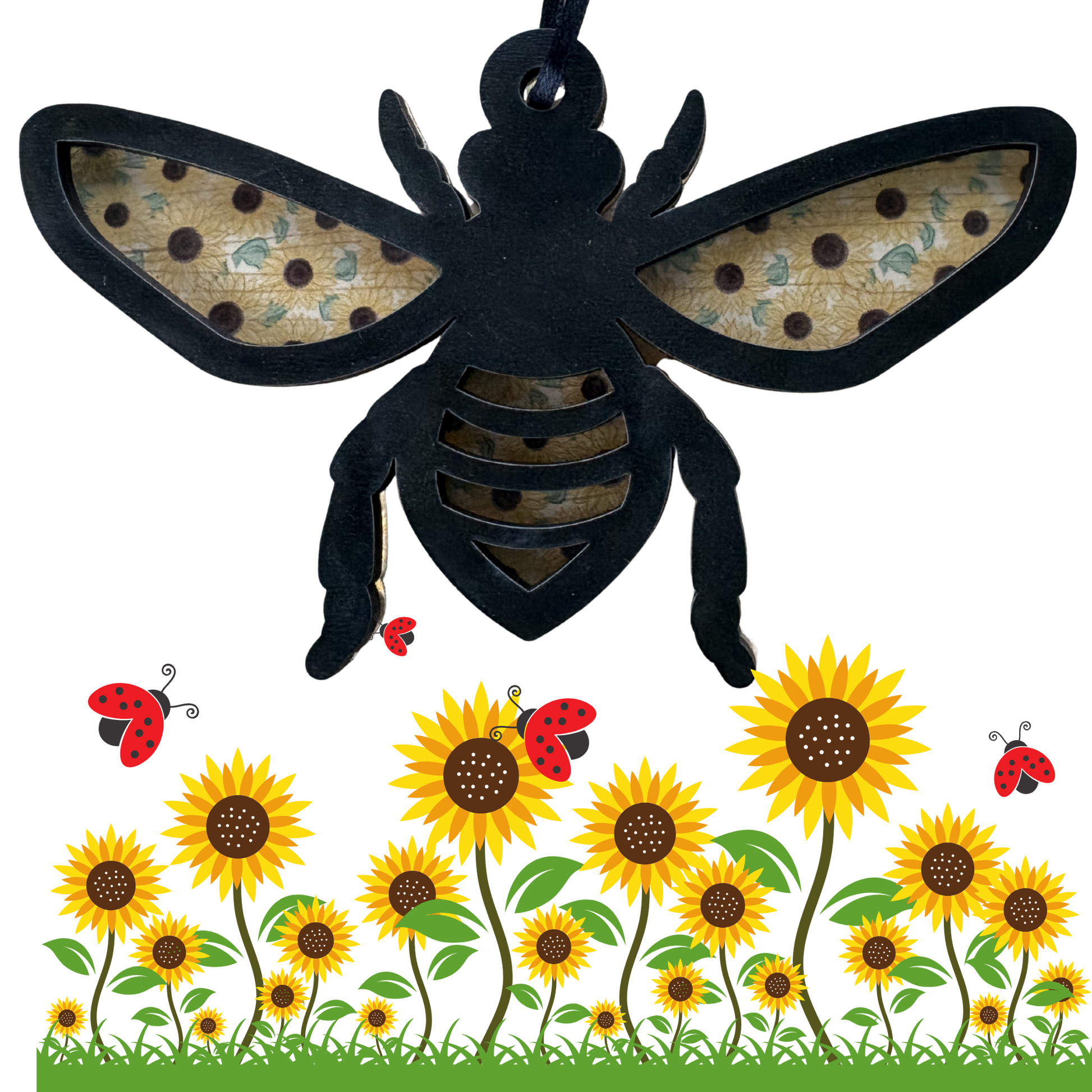 Layered wood and acrylic Bee and Sunflowers ornament, featuring intricate design and vibrant colors in a decorative medal shape.