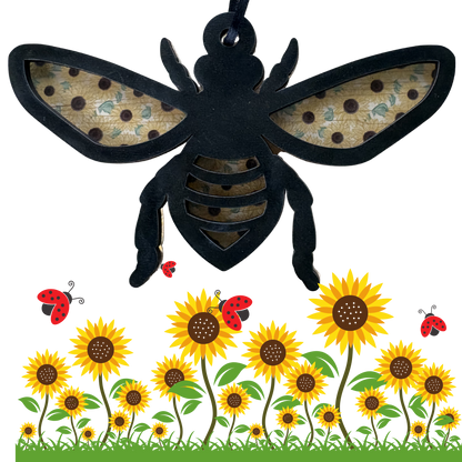 Layered wood and acrylic Bee and Sunflowers ornament, featuring intricate design and vibrant colors in a decorative medal shape.