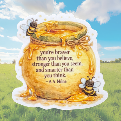 VirtualRuneEvent Braver Than You Believe medal sticker with inspirational text and metallic finish on a white background.