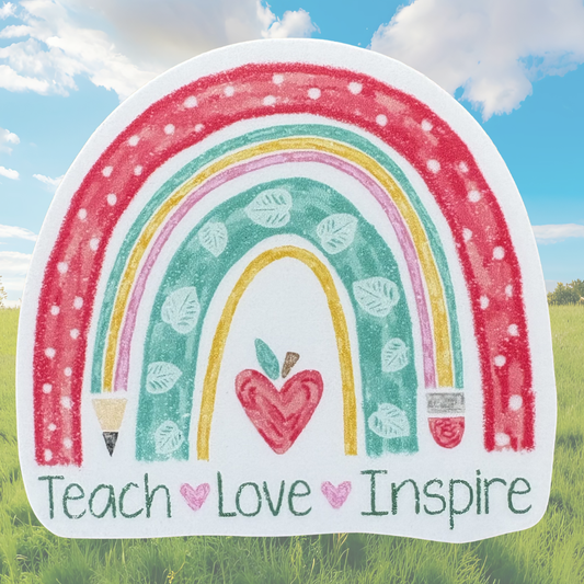 VirtualRuneEvent Teach Love Inspire medal sticker featuring engraved text on a round metal medal with colorful ribbon.