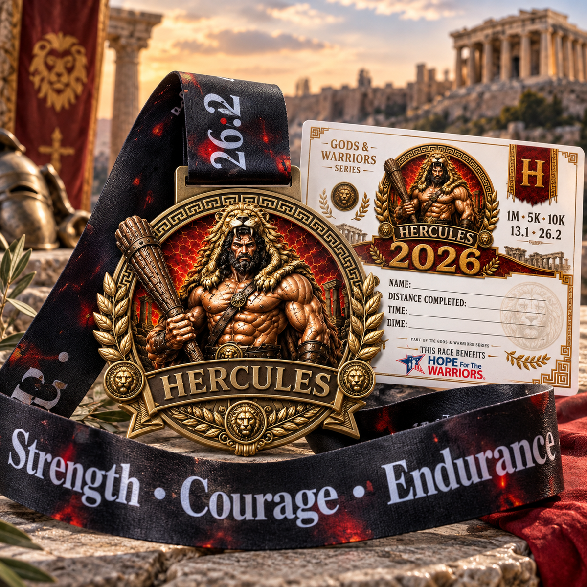 Hercules Virtual Race medal featuring Greek mythology design for 5K, 10K, half marathon, and marathon finisher awards