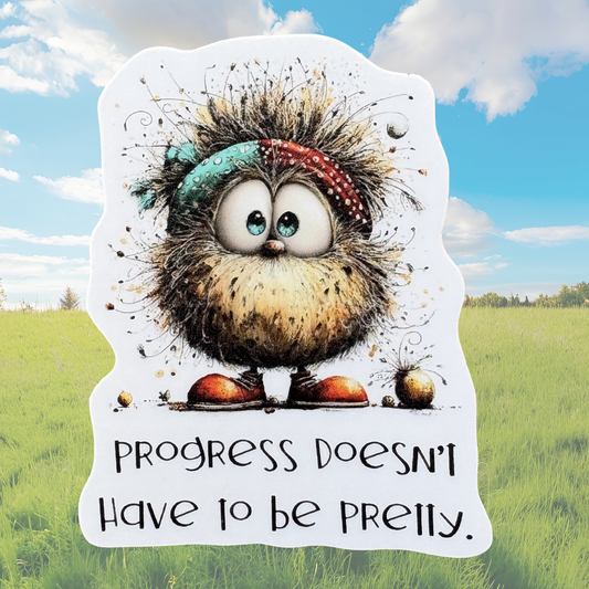VirtualRuneEvent medal sticker with "Progress Doesn't Have to Be Pretty" slogan, featuring a colorful design on a round badge.