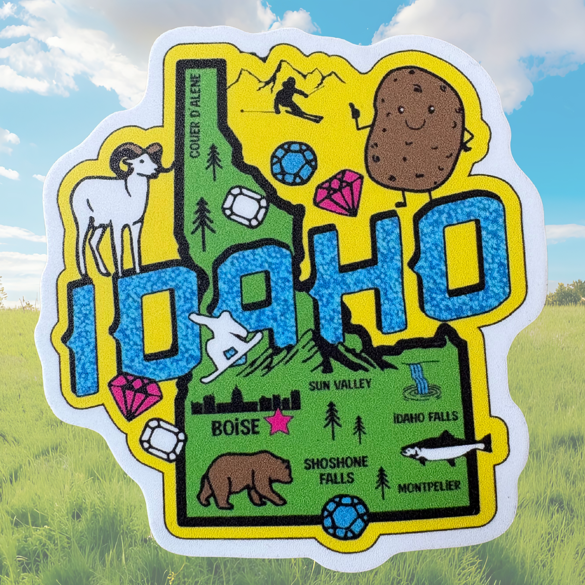 Idaho medal sticker by virtualrunevent featuring a circular design with Idaho state outline and decorative elements.