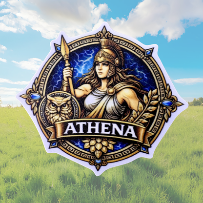 Medal sticker featuring Athena design by virtualrunevent, with intricate details and a circular shape on a white background.